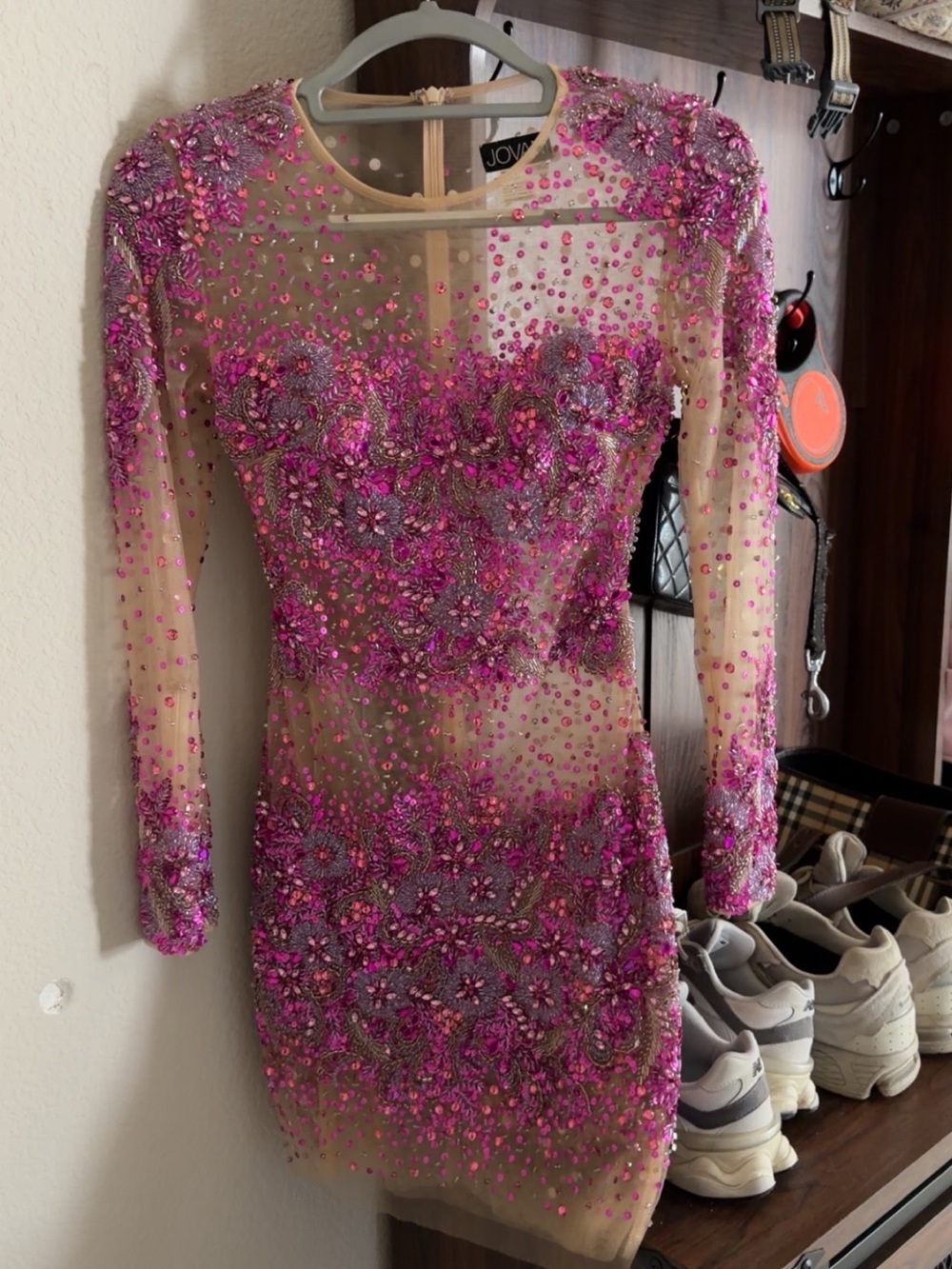 Jovani Hot Pink Embellished Sheer Long-Sleeve Mini Dress